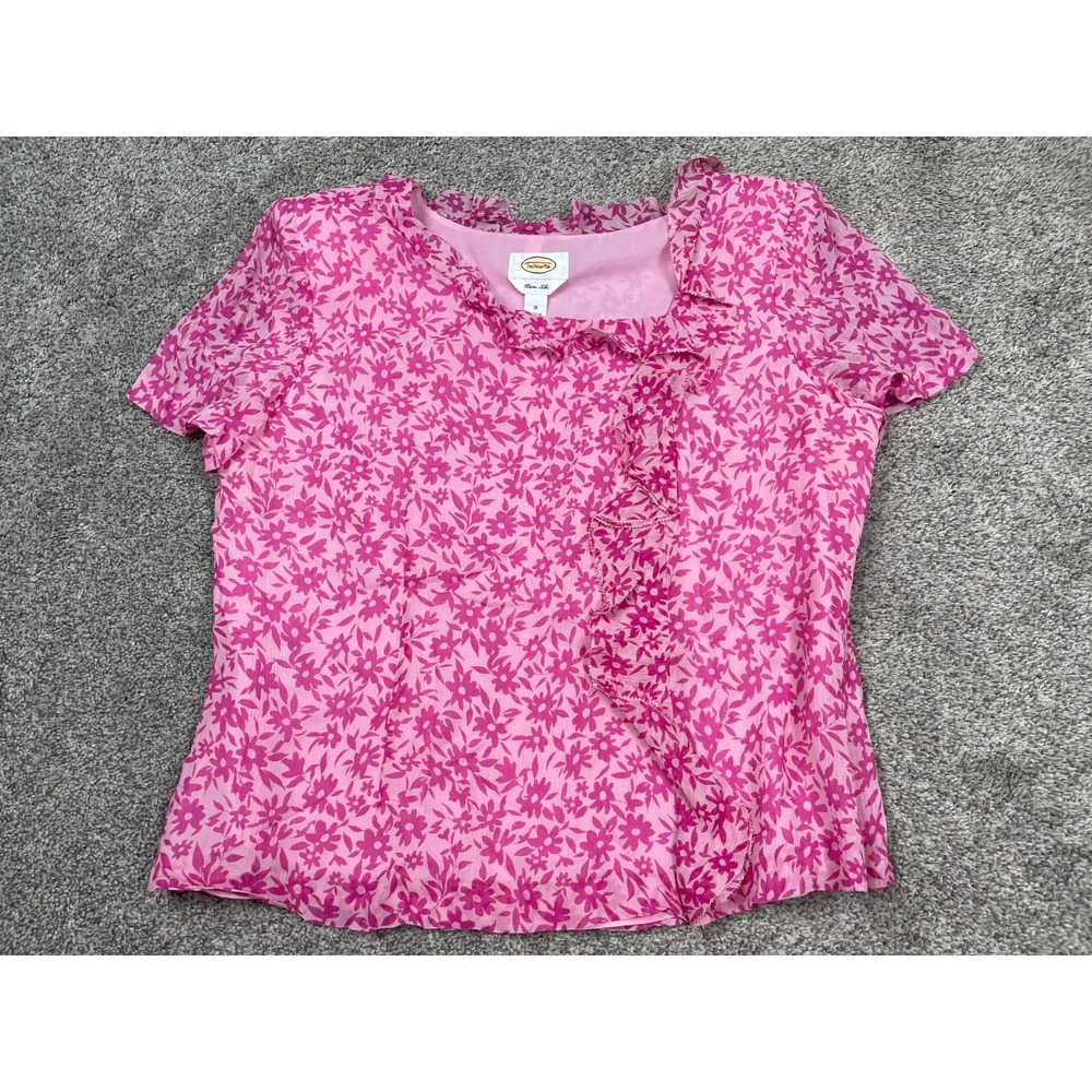 Vintage Talbots Shirt Womens 16 Pink Floral Pure Silk Ruffle Whimsy Fairy Preppy